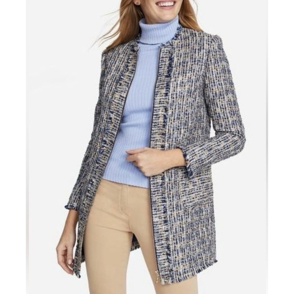 J. McLaughlin Tweed Coat Jacket XS Blue Tan Zip Up Preppy Old Money Heritage